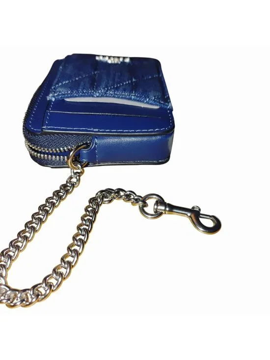 Coach Denim Blue Quilted Smooth Leather Zip Closure Wallet Chain Card Slots Silv - Picture 7 of 13